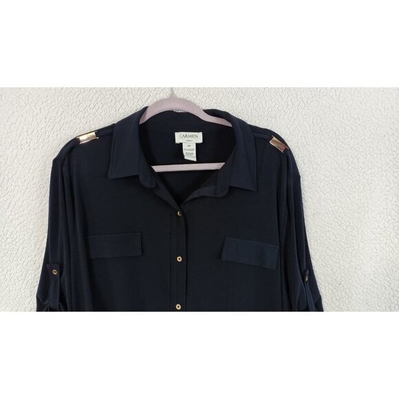 CARMEN Marc Valvo Womens Blouse Plus Size 3X Navy Blue Button Up Bling Stretch - Picture 3 of 16